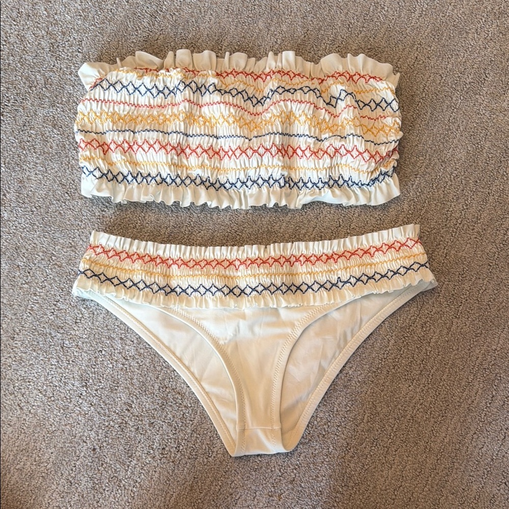 Tory Burch Cream Bikini with Red Yellow and Navy Smocked Detail